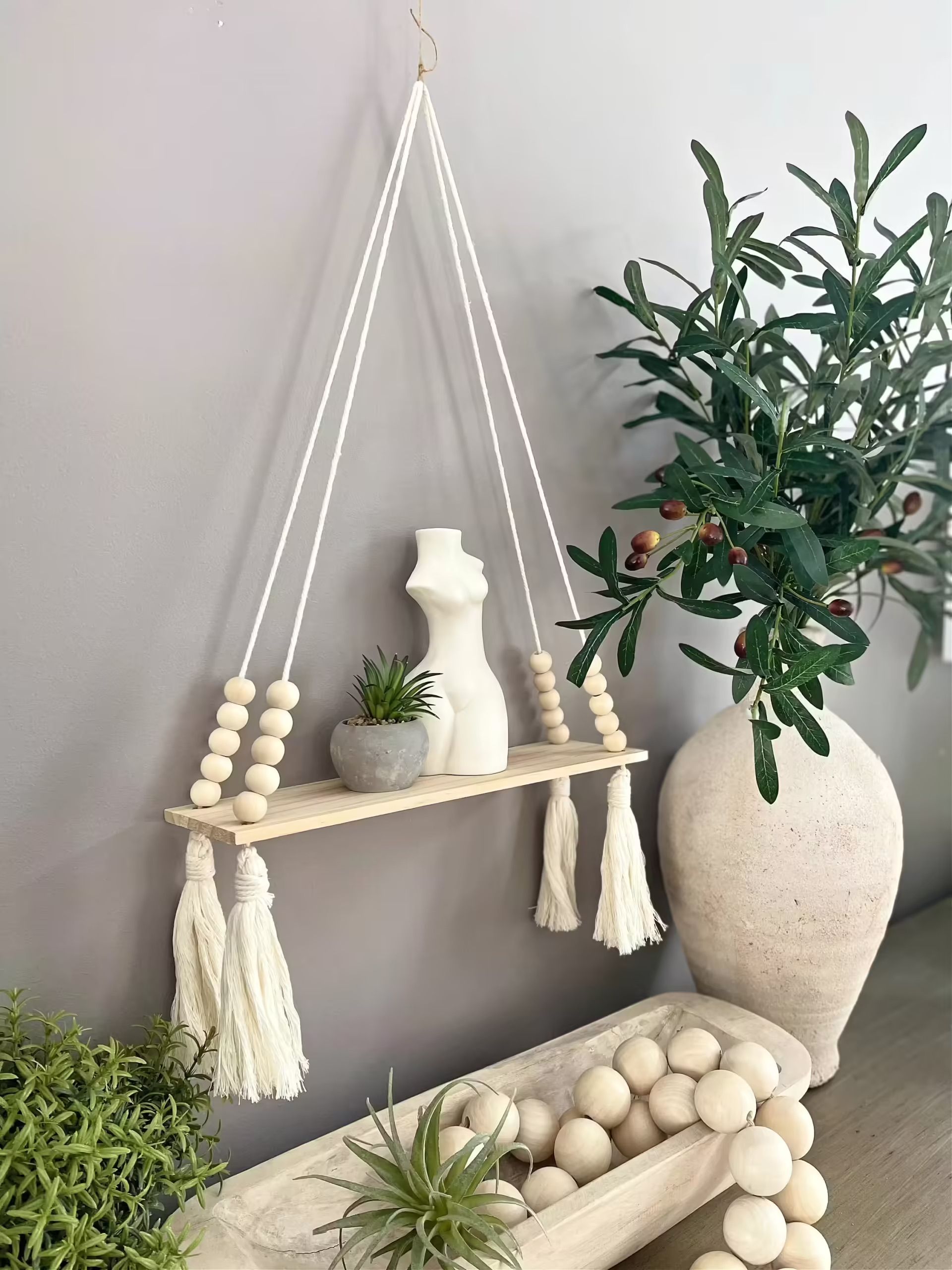 Wooden Wall Hanging Plant Shelf with Tassels Wooden Wall Hanging Plant Shelf with Tassels