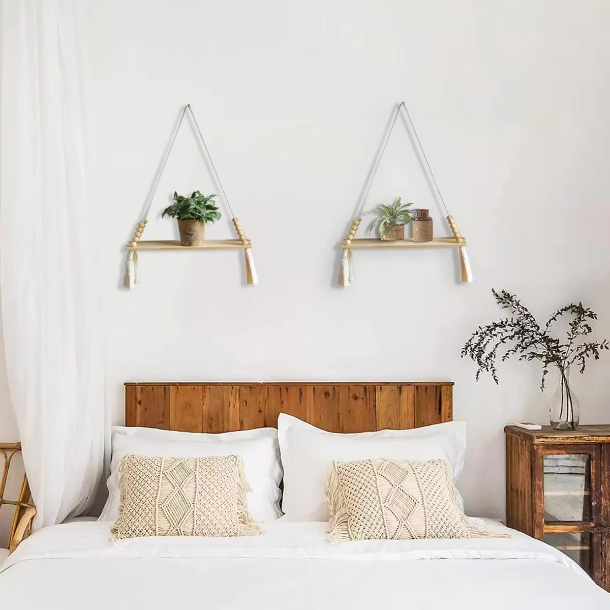 Wooden Wall Hanging Plant Shelf with Tassels Wooden Wall Hanging Plant Shelf with Tassels