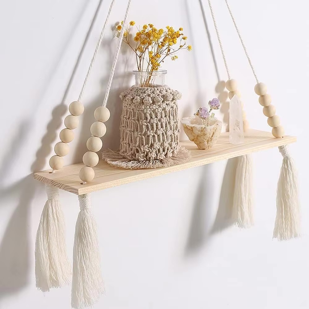 Wooden Wall Hanging Plant Shelf with Tassels Wooden Wall Hanging Plant Shelf with Tassels