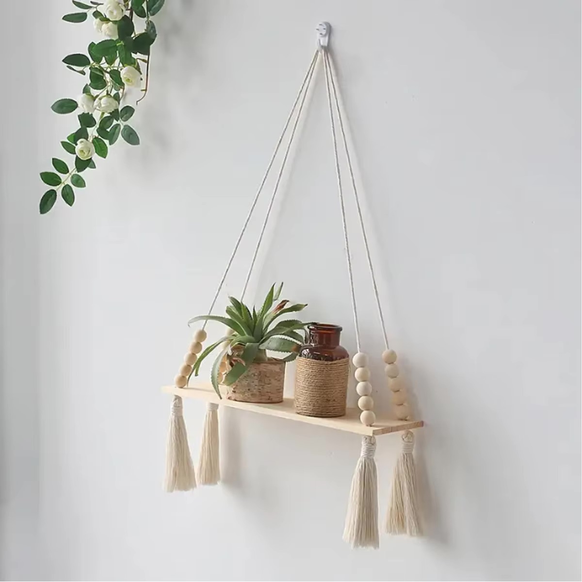 Wooden Wall Hanging Plant Shelf with Tassels Wooden Wall Hanging Plant Shelf with Tassels
